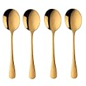 Gold Soup Spoons, Stainless Steel Round Spoons with Gold Titanium Plating, Gold Dinner Spoon Table Spoon, Spoons Silverware Dishwasher Safe (Set of 4)