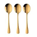 Gold Soup Spoons, Stainless Steel Round Spoons with Gold Titanium Plating, Gold Dinner Spoon Table Spoon, Spoons Silverware Dishwasher Safe (Set of 3)