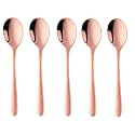Rose Gold Soup Spoons, Stainless Steel Round Spoons with Rose Gold Titanium Plating, Rose Gold Dinner Spoon Table Spoon, Spoons Silverware Dishwasher Safe (Set of 5)