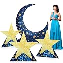 Leinuosen 4 Pcs Starry Night Party Decoration Crescent Moon Star Cardboard Stand up Cutout 2.15-5 ft Large Life Size Twinkle Little Backdrop Prom Photo Prop Standup for Movie Night Birthday Homecoming