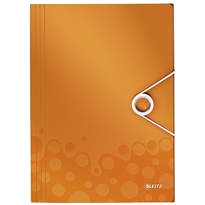 leitz wow pp 3-flap premium file folder with elastic closure orange metallic 150 sheets capacity