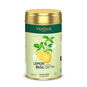 lemon basil iced tea instant premix 150 g 60 servings  lightly sweetened iced tea  zesty lemon amp fresh basil  best for mocktails amp cocktails  packed in tin caddy  vahdam
