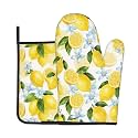 Lemon Oven Mitts and Pot Holders Sets Summer Floral Oven Mitts Heat Resistant Yellow Fruit Citrus Cute Kitchen Gloves Farmhouse Hot Pads Two Piece Set for Cooking Baking Grilling BBQ