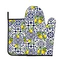 Lemon Oven Mitts and Pot Holders Sets Blue White Mediterranean Oven Mitts Heat Resistant Yellow Fruit Floral Boho Kitchen Gloves Hot Pads Two Piece Set for Summer Cooking Baking Grilling BBQ