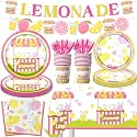 Lemon Party Decorations, 142Pcs Pink Lemonade Party Decorations Tableware Set Includes Lemonade Plates,Napkins,Cups,Banner,Tablecloth for Lemon Birthday Summer Fruit Theme Birthday Party Supplies