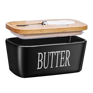 lemon tree ceramic butter box with wooden lid  durable butter keeper for refrigerator amp counter butter storage container with lid non-slip butter dish ideal for softening butter black
