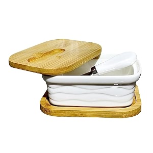 lemon tree ceramic butter box with wooden lid  durable butter keeper for refrigerator amp counter butter storage container with lid non-slip butter dish ideal for softening butter black