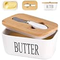 Lemon Tree Ceramic Butter Box with Wooden Lid – Durable Butter Keeper for Refrigerator &amp; Counter, Butter Storage Container with Lid, Non-Slip Butter Dish, Ideal for Softening Butter (White)