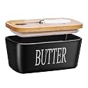 Lemon Tree Ceramic Butter Box with Wooden Lid – Durable Butter Keeper for Refrigerator &amp; Counter, Butter Storage Container with Lid, Non-Slip Butter Dish, Ideal for Softening Butter (Black)