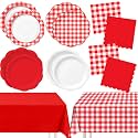 LemonRoad 100 Pcs Red Gingham Paper Plates Napkins and Plastic Tablecloth Set, Gingham Party Supply for 24 Guest, Red White Checkered Disposable Tableware Set for Picnic BBQ Birthday Party Decoration