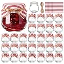 LemonRoad 30 Pcs Mini Yogurt Jars 3.4 oz Glass Bottles with Plastic Lids for Jam, Honey, Wedding Favors, Birthday Party Decor Mason Jar with Checkered Cloth and Rope (Circle,Red and White Stripes)