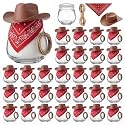 LemonRoad 30 Pcs Mini Yogurt Jars 3.4 oz Glass Bottles with Plastic Lids for Jam, Honey, Wedding Favors, Birthday Party Decor Mason Jar with Checkered Cloth and Rope (Circle,Cowboy Hat)