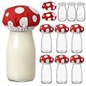 LemonRoad 6 Pcs Mini Yogurt Jars 3.4 oz Glass Bottles with Plastic Lids for Jam, Honey, Wedding Favors, Birthday Party Decor Mason Jar with Checkered Cloth and Rope (Tall,Mushroom)