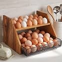 LemonRoad Wooden Egg Holder Fresh Egg Holders with Wire Basket Organizer for Countertop 24+60 Eggs Rustic Kitchen Organizer Basket for Gathering Fresh Chicken/Duck/Quail/Turkey Eggs (Wood Color)