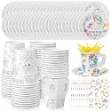 Lenwen 24 Set Color Your Own Tea Party Cups with Handle, DIY Coloring 8 oz Treat Paper Cups and Plates Snack Dessert Ice Cream Teacup Includes Stickers for Party, Decoration and Crafts (Unicorn)