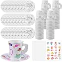 Lenwen 48 Set Color Your Own Tea Party Cups with Handle, DIY Coloring 8 oz Treat Paper Cups and Plates Snack Dessert Ice Cream Teacup Includes Stickers for Party, Decoration and Crafts (Floral)