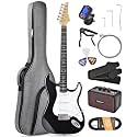 Leo Jaymz Beginner Electric Guitar 39” Kit with Portable Amplifier, Padded Gig Bag, Digital Tuner，Capo，Strap，Picks，Classic SSS Pickups(Black-SSS)