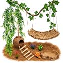 Leopard Gecko Tank Accessories. Reptile Hammock Vines Plants with Coconut Shell Ladder Hideout Hermit Crab Decor for Bearded Dragon Lizard Chameleon Crested Gecko Tortoise Snake(10PCS with Water Dish)
