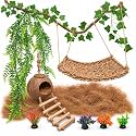 Leopard Gecko Tank Accessories. Reptile Hammock Vines Plants with Coconut Shell Ladder Hideout Hermit Crab Decor for Bearded Dragon Lizard Chameleon Crested Gecko Tortoise Snake