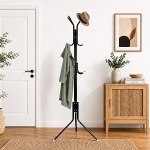 leopax metal coat stand with 8 hooks freestanding coat hanger stand tree clothes rack for jackets hats bags amp umbrellas space saving organizer for home bedroom office black