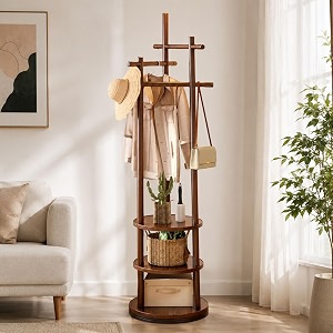 leopax modern premium bamboo wooden stand for clothes with 3 hanging rods 3 bottom shelves amp 6 hooks coat hanger stand for clothes hats bags amp umbrellas - 40 x 40 x 171 cm - dark brown