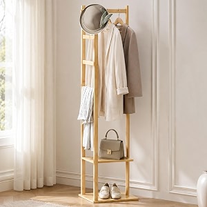 leopax modern premium bamboo wooden stand for clothes with 3 hanging rods 3 bottom shelves amp 6 hooks coat hanger stand for clothes hats bags amp umbrellas - 40 x 40 x 171 cm - dark brown