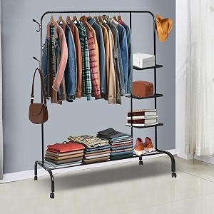 leopax premium clothes rail freestanding coat rack with bottom shelf amp hooks bedroom garment clothes rack coat stand mobile coat tree coat hanger stand with wheels - black - 150 x 43 x 154cm