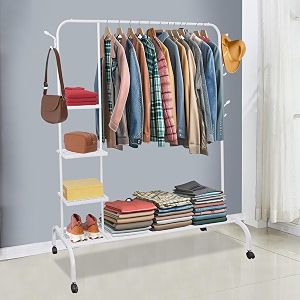leopax premium clothes rail freestanding coat rack with bottom shelf amp hooks bedroom clothes rack mobile coat tree stand with wheels - white - 150 x 43 x 154cm metal
