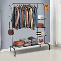 LEOPAX® Premium Clothes Rail, Freestanding Coat Rack with Bottom Shelf &amp; Hooks, Bedroom Garment Clothes Rack, Coat Stand Mobile Coat Tree Coat Hanger Stand With Wheels - Black - 150 x 43 x 154cm