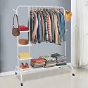 LEOPAX® Premium Clothes Rail, Freestanding Coat Rack with Bottom Shelf &amp; Hooks, Bedroom Clothes Rack, Mobile Coat Tree Stand With Wheels - White - 150 x 43 x 154cm, Metal