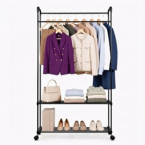 leopax premium cloth rack stand for clothes  double rod garment rack with shelves amp wheels heavy duty metal clothes organizer portable wardrobe hanger stand for bedroom living room amp closet