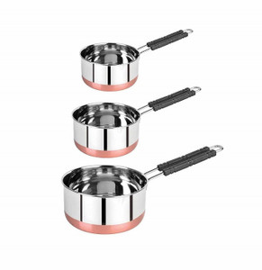 leosxa 3 copper bottom sauce pan combo set  milk pan  tea pan 3 pcs combo set sauce pan 155 cm 17 cm 185 cm diameter 1 l 15 l 2 l capacity stainless steel copper non-stick