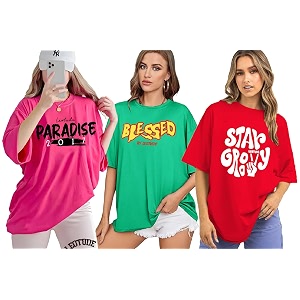 LEOTUDE Oversized Cotton Blend Printed Womens T-Shirts