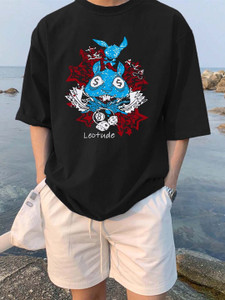 leotude men printed round neck cotton blend black t-shirt