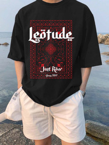 leotude men printed round neck cotton blend black t-shirt