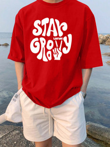leotude men printed round neck cotton blend red t-shirt