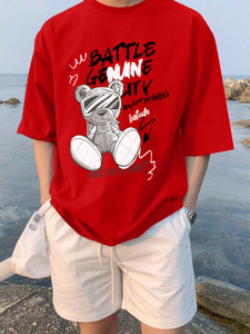 leotude men printed round neck cotton blend red t-shirt