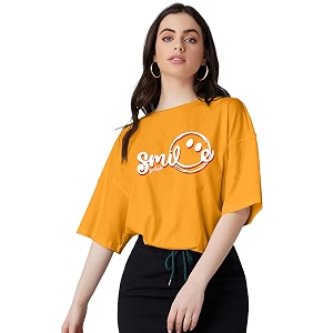 LEOTUDE Women Smile Mustard Oversized T-Shirt Material