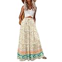 Lepunuo Womens Casual Boho High Waisted Flowy Maxi Skirts Tiered Floral Long Skirts with Pockets for Summer Beach Vacation