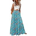 Lepunuo Womens Casual Boho High Waisted Flowy Maxi Skirts Tiered Floral Long Skirts with Pockets for Summer Beach Vacation