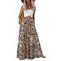 Lepunuo Womens Casual Boho High Waisted Flowy Maxi Skirts Tiered Floral Long Skirts with Pockets for Summer Beach Vacation