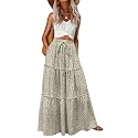 Lepunuo Womens Casual Boho High Waisted Flowy Maxi Skirts Tiered Floral Long Skirts with Pockets for Summer Beach Vacation