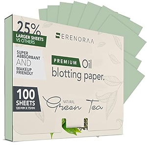 lerfot premium natural green tea oil blotting sheets for face - 1x100 sheets with extra large 5x334 thick blotting paper for oily skin - dispensable portable pack - reduce skin acne - makeup friendly