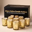 LETINE 24pcs Gold Votive Candle Holders – Glass Tea Light Candles Holder, Standard Votive Size for Regular Votive Candles – Bulk Candle Holder for Party Decorations, Bridal Shower, Holiday Decor