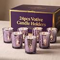 LETINE 24pcs Purple Votive Candle Holders – Glass Tea Light Candles Holder, Standard Votive Size for Regular Votive Candles– Bulk Candle Holder for Party Decoration, Bridal Shower, Home Decor