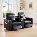 LEVNARY 2-Seater Modular Reclining Sofa with Center Console, Upholstered Faux Leather Power Recliner Loveseat with Cup Holders, USB Charging, Side Pockets &amp; 2 Pillows, Living Room Furniture (Black)