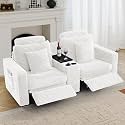 LEVNARY 2-Seater Modular Reclining Sofa with Center Console, Faux Rabbit Fur Power Recliner Loveseat with Cup Holders, USB Charging, Side Pockets &amp; 2 Pillows, Living Room Furniture (White)