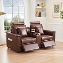 LEVNARY 2-Seater Modular Reclining Sofa with Center Console, Upholstered Faux Leather Power Recliner Loveseat with Cup Holders, USB Charging, Side Pockets &amp; 2 Pillows, Living Room Furniture (Brown)