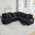 LEVNARY 5-Seat L Shaped Modular Sectional Sofa with Power Recliners, Faux Rabbit Fur Upholstery, Storage Console with Charging Ports &amp; Cup Holders, Living Room Couch Set for Home Office (Black)