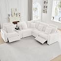 LEVNARY 5-Seat L Shaped Modular Sectional Sofa with Power Recliners, Faux Rabbit Fur Upholstery, Storage Console with Charging Ports &amp; Cup Holders, Living Room Couch Set for Home Office (White)